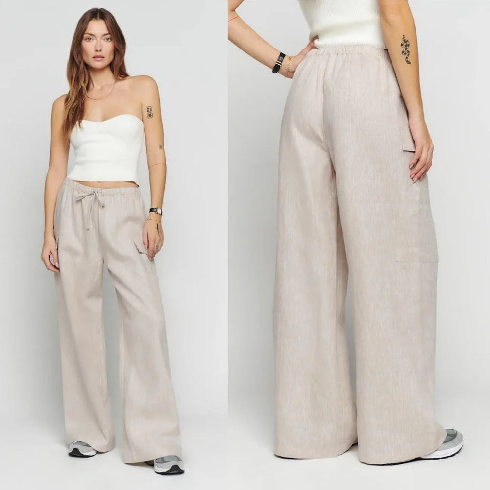 Wide Leg Drawstring Linen-Blend Pants in Beige